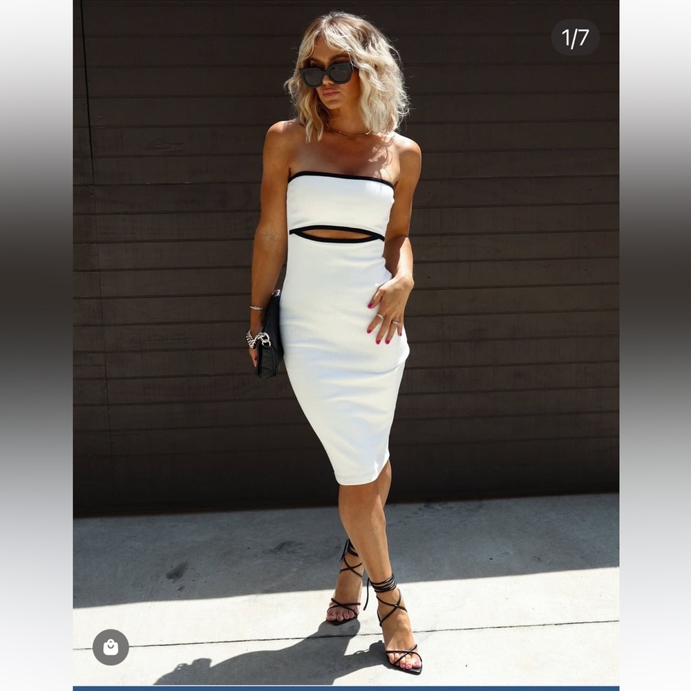 Vici White Strapless Midi Dress with Black Trim